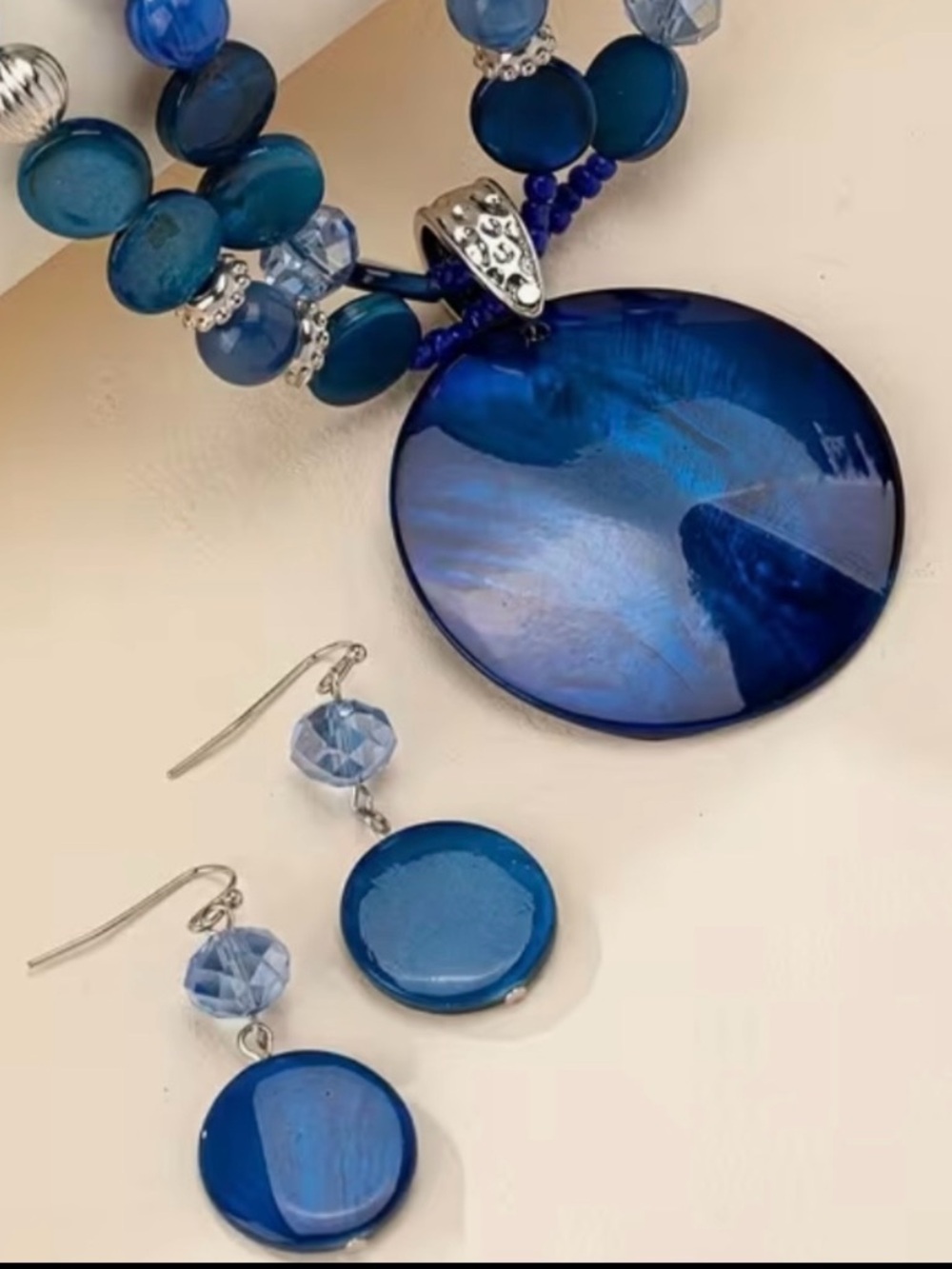 Handcrafted Blue Shell Pendant Necklace & Earrings Set